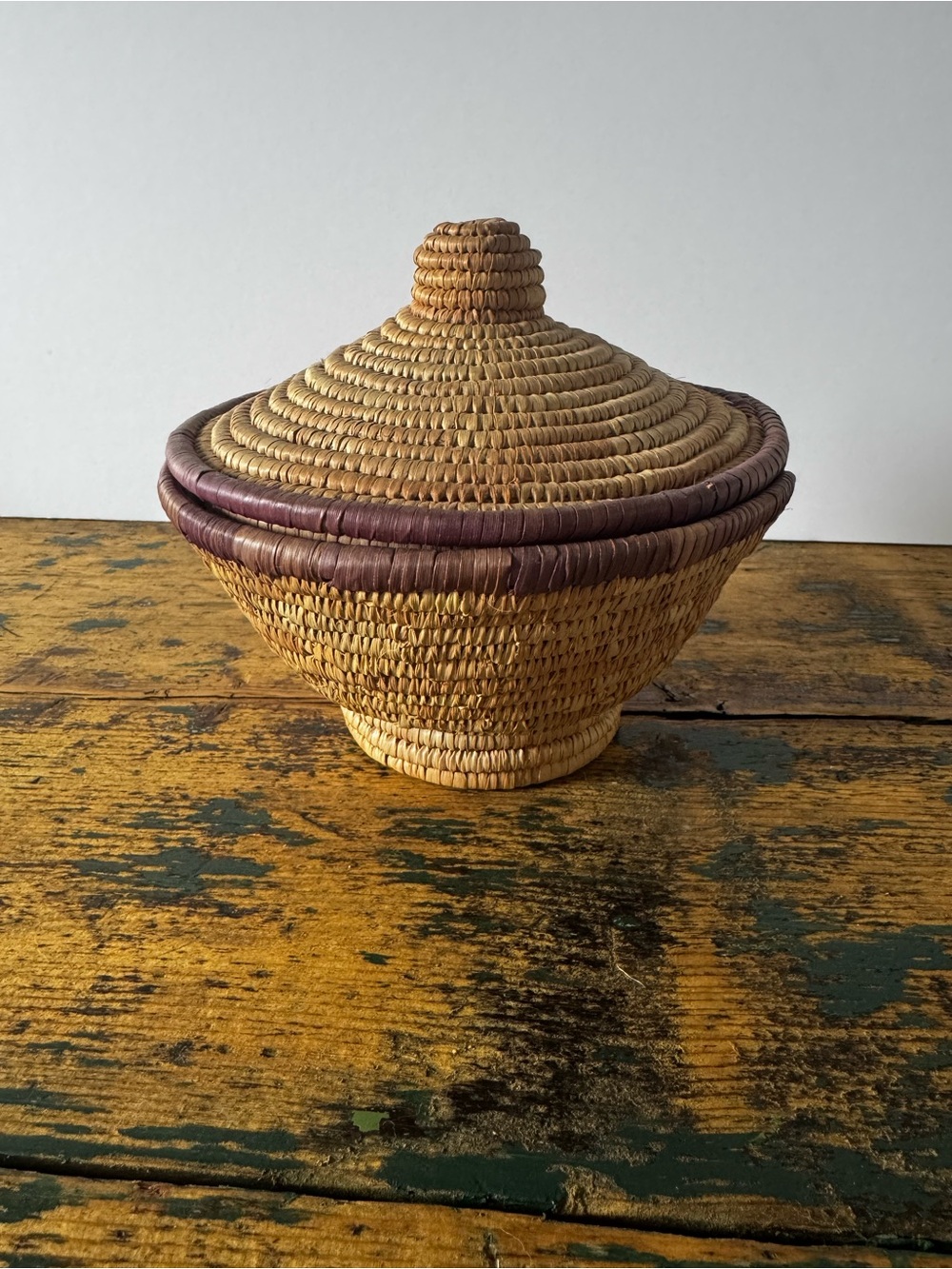 Handwoven Natural and Purple Lidded Basket - Home Accents